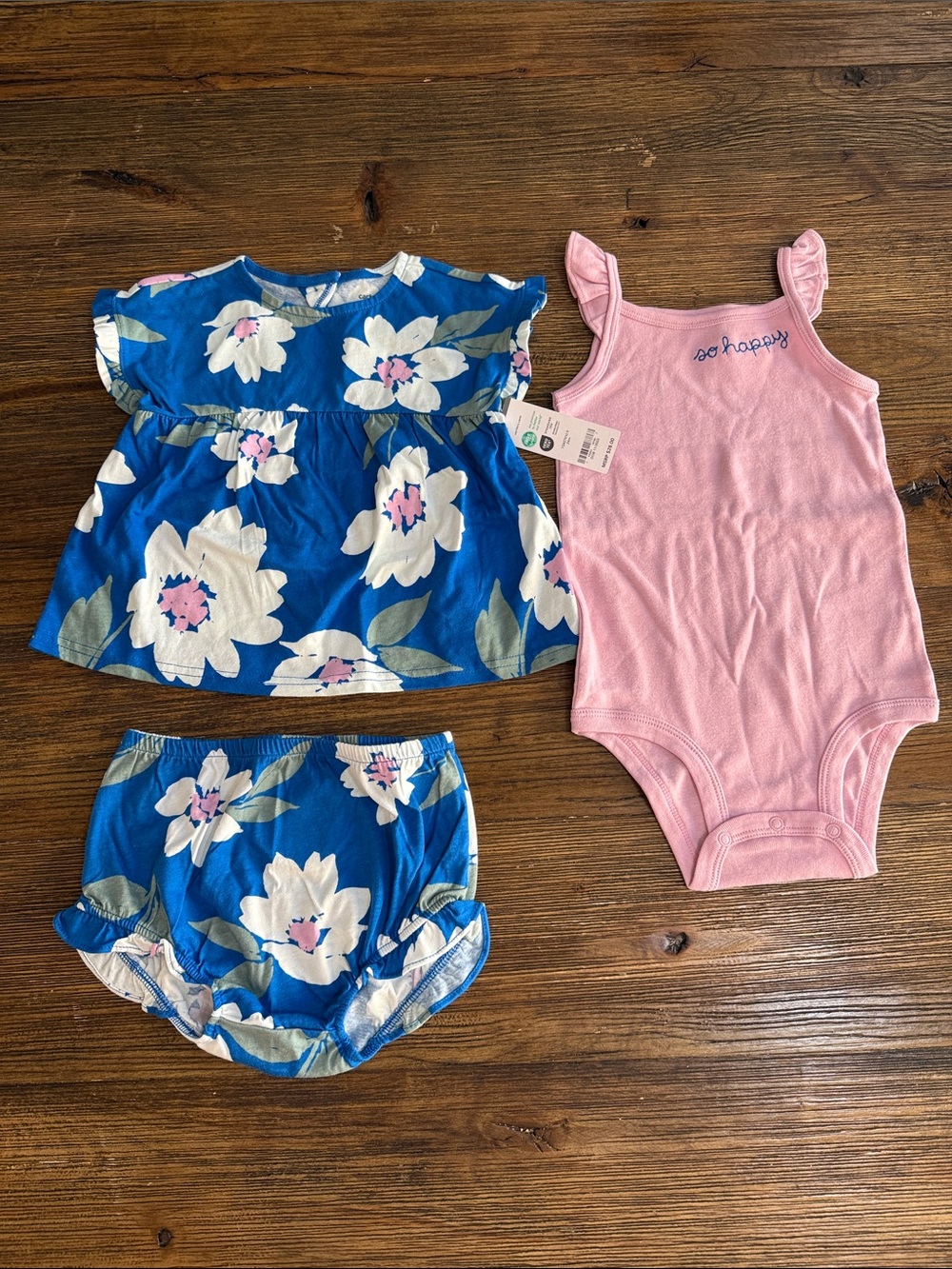 Carter's Blue Floral Top & Bloomer Set with Pink Ruffle Bodysuit